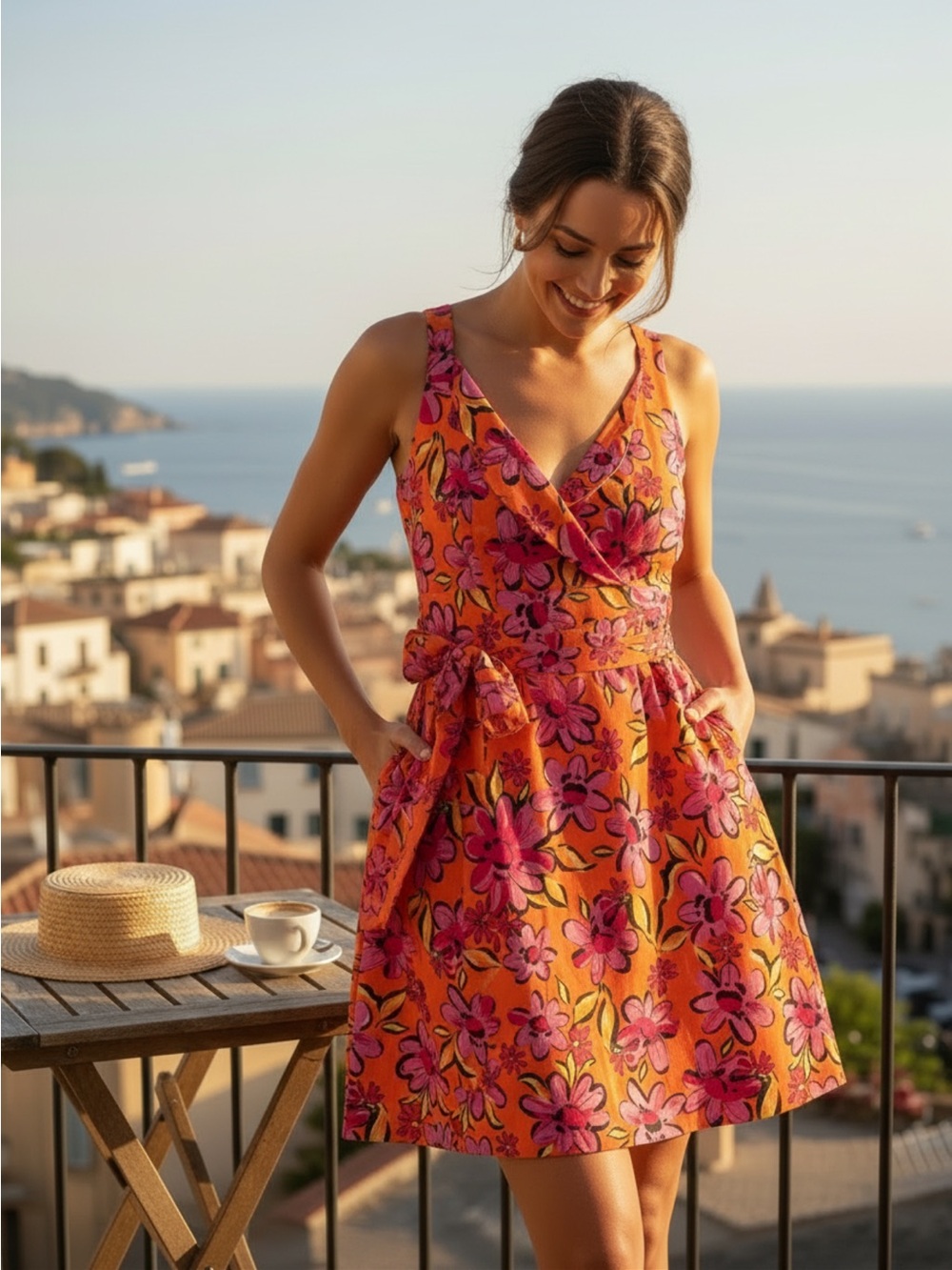 Tyler Boe Babs Sleeveless Botanical Floral Wrap Mini Dress with Pink Blooms 10